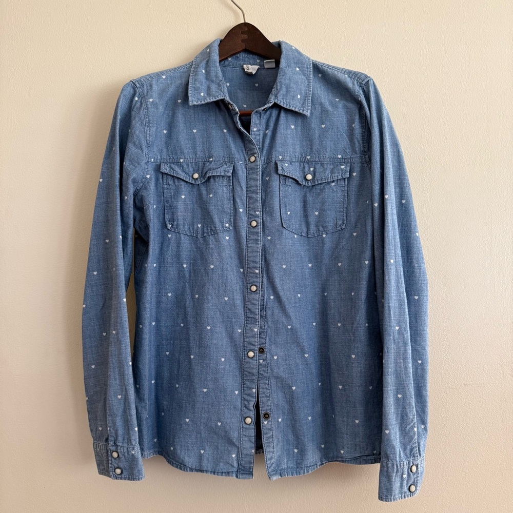 Roxy Women's Denim Button Down with Mini White Hearts Size XL